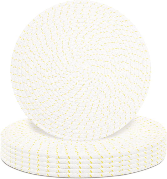Round Placemats Set of 6, Cotton Rope Woven Table Mats, Hot Pads for Kitchen, Non Slip Heat Resistant Place Mats, 13 Inches Braided Placemat for Farmhouse Decor and Kitchen Table Decor (Beige Line)