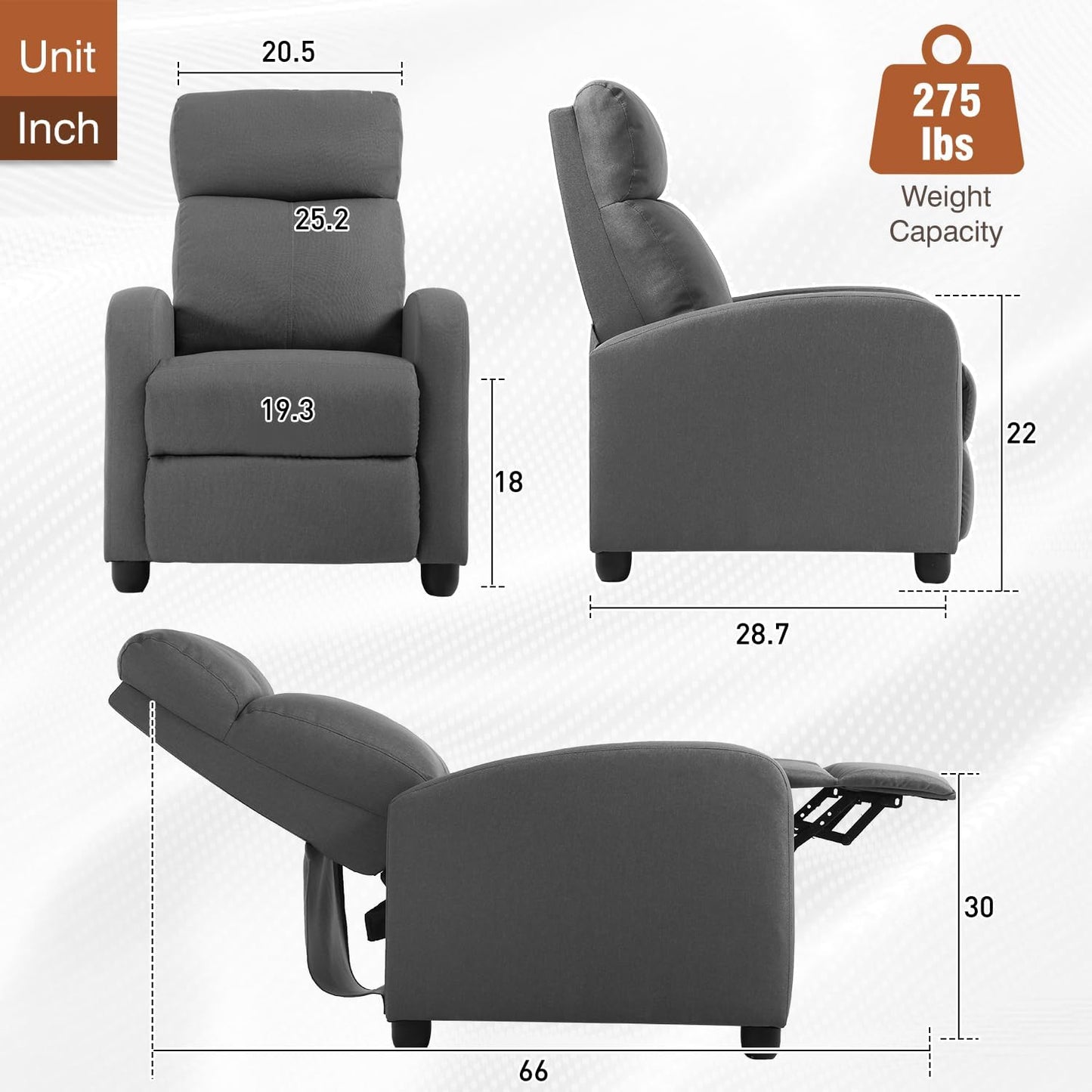 BestMassage | Recliner Chair | No Massage Function | Textile Grey | with Lumbar Support, Adjustable Push Back, Wide Armrests, Footrest & Padded Seat | Easy Assembly | for Living Room, Home Theatre