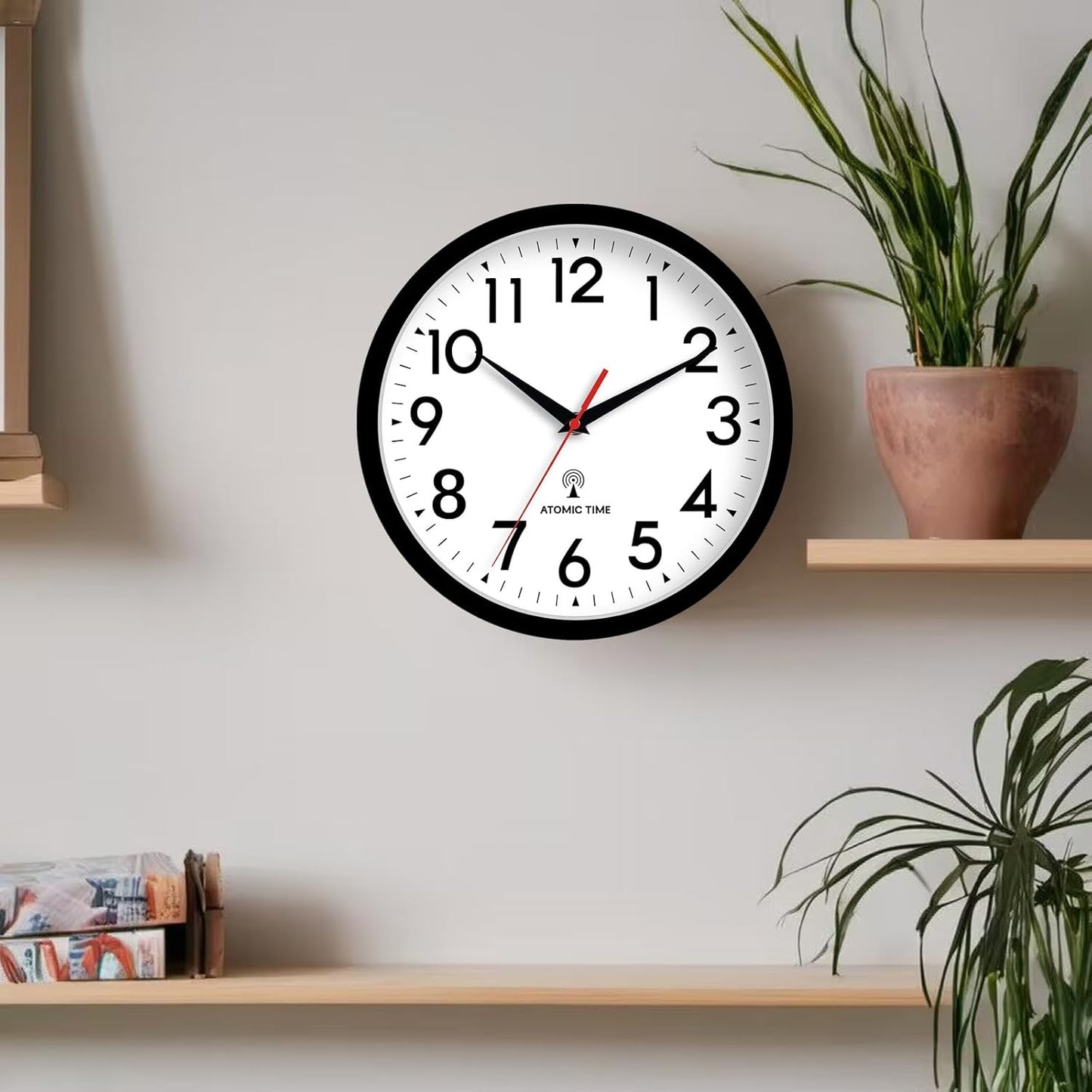 Atomic Wall Clock Analog 10 Inch Battery Operated Modern Decorative for Living Room Kitchen Office Bedroom Bathroom(Black)