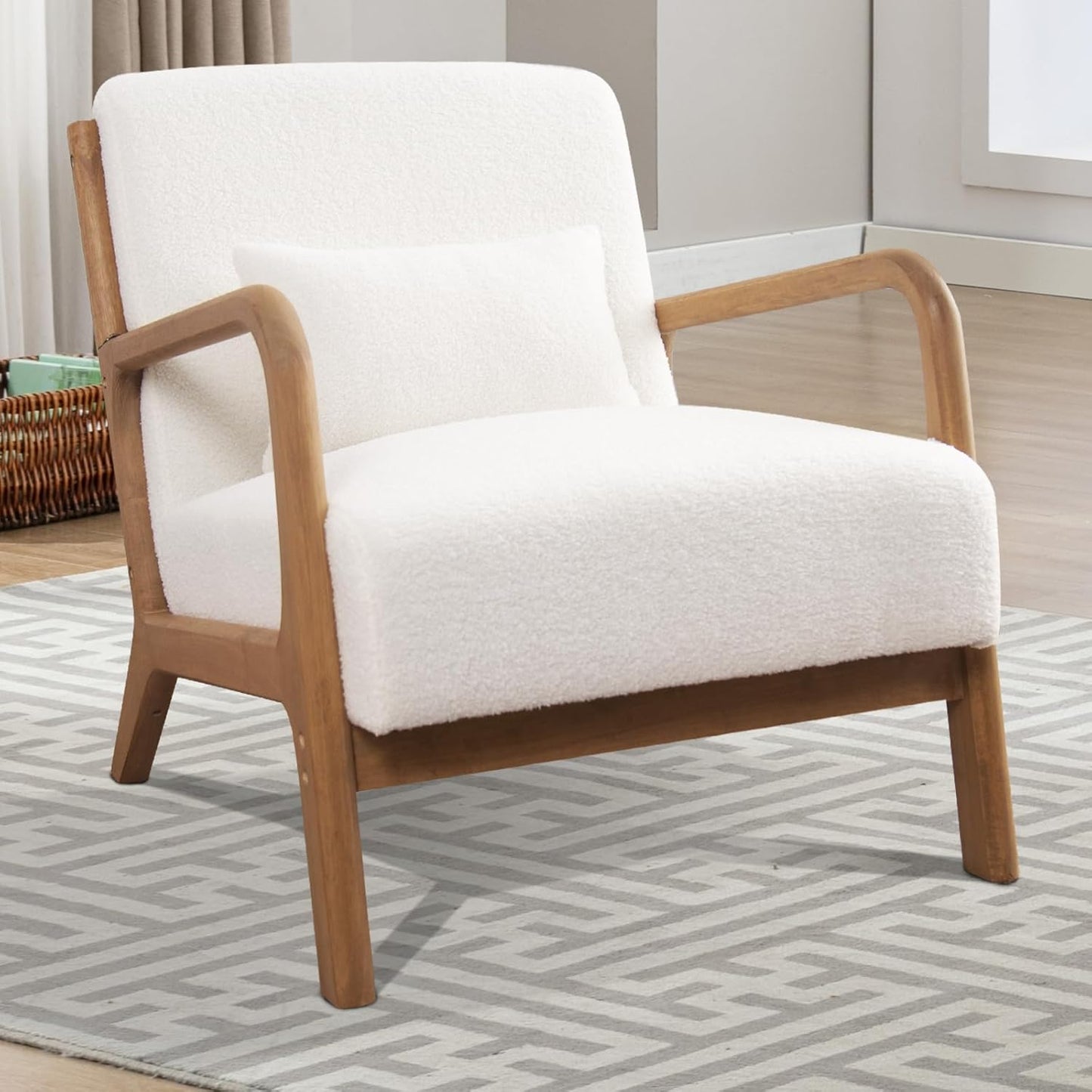 INZOY Mid Century Modern Accent Chair with Lamb Wool Fabric, Upholstered Living Room Chairs with Waist Cushion, Reading Armchair for Bedroom Sunroom, White