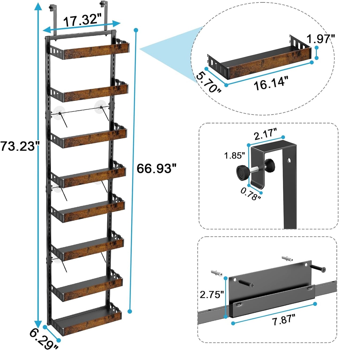 bukfen Over the Door Pantry Organizer, 8-Tier Adjustable Wooden Basket Kitchen Pantry Door Organization and Storage,2 in 1 Wall Mount or Hanging Heavy-Duty Metal Hanging Kitchen Spice Rack,1 Pack