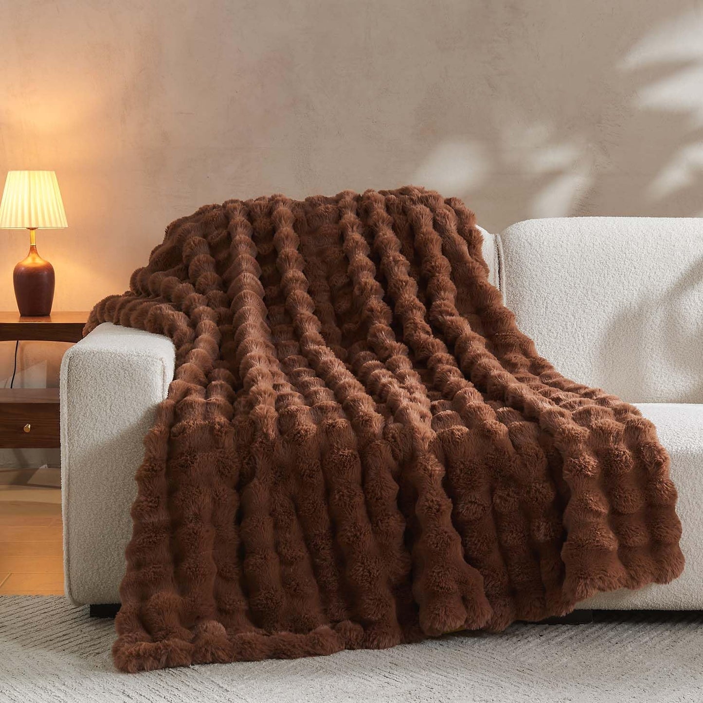 Lotus Karen Faux Fur Throw Blanket Dark Coffee - Big Bubble Rabbit Fluff Blanket for Couch Bed Sofa,Softest Fluffy Fuzzy Cozy Blanket,Thick Furry Plush Shaggy Warm Blankets for Women,50x60 Inches