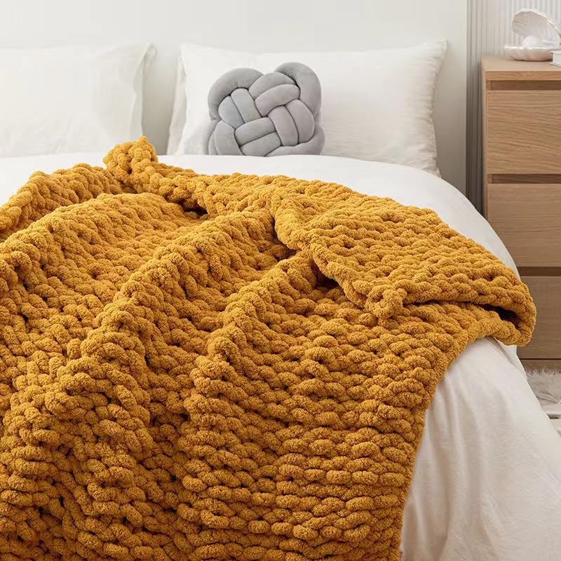 Chunky Knit Blanket Throw 48"*71", Hand Knitted Warm Chenille Throw Blanket, Home Decor Soft Thick Yarn Cable Knit Blanket,Soft Breathable Fleece Banket Christmas for Couch Bed Sofa Best Gift (Yellow)