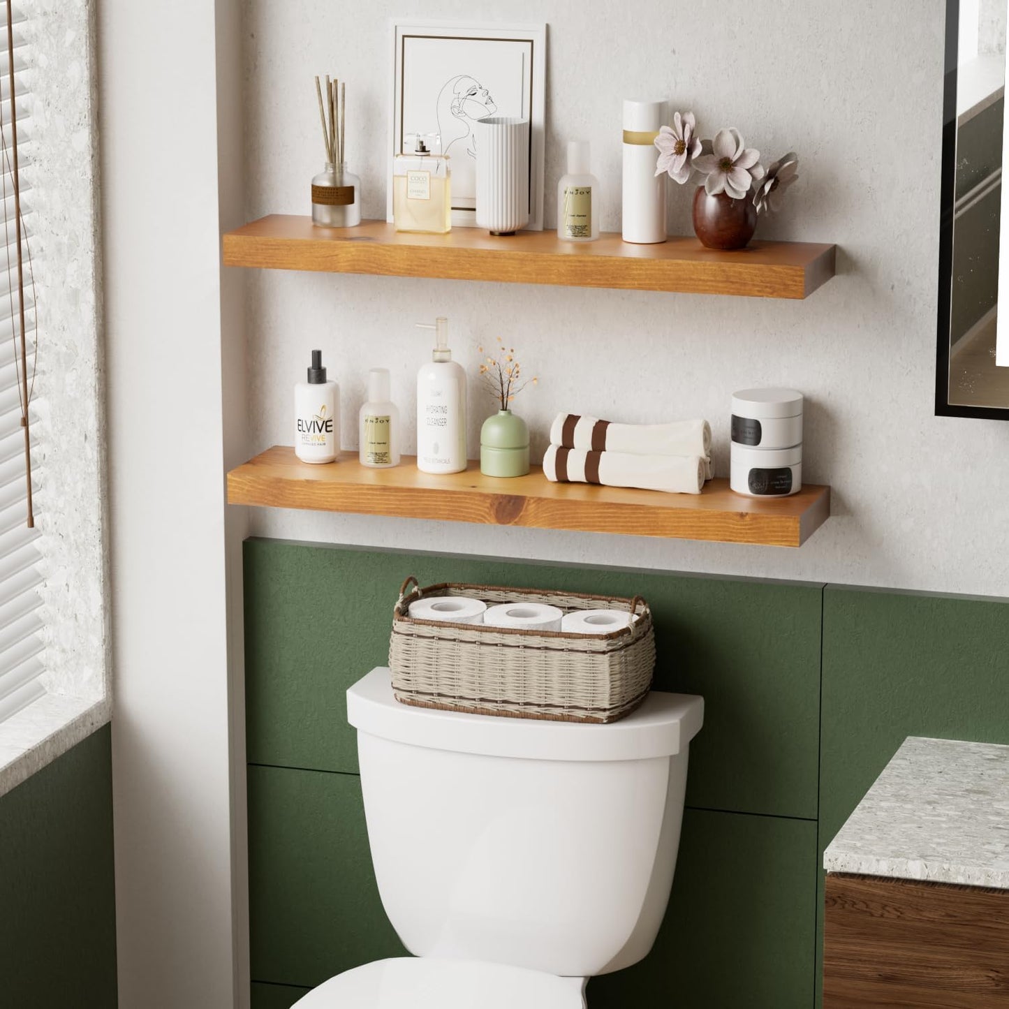 Habudda Floating Shelves, Wall Shelf for Bathroom Bedroom Kitchen, Natural Pine Real Wooden Shelves, Wall Mounted, 100% Pine, Set of 2, 30 Inches Long, Honey Oak