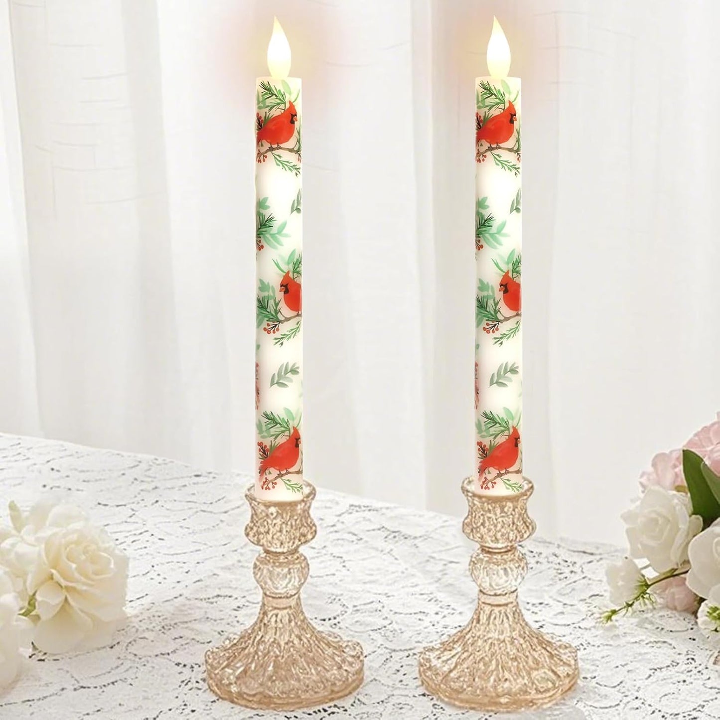 Cardinal Bird Flameless Taper Candles with Remote - Red Bird Theme LED Taper Candles for Home Xmas Holiday Party Christmas Decoration - 2PCS 9.5INCH
