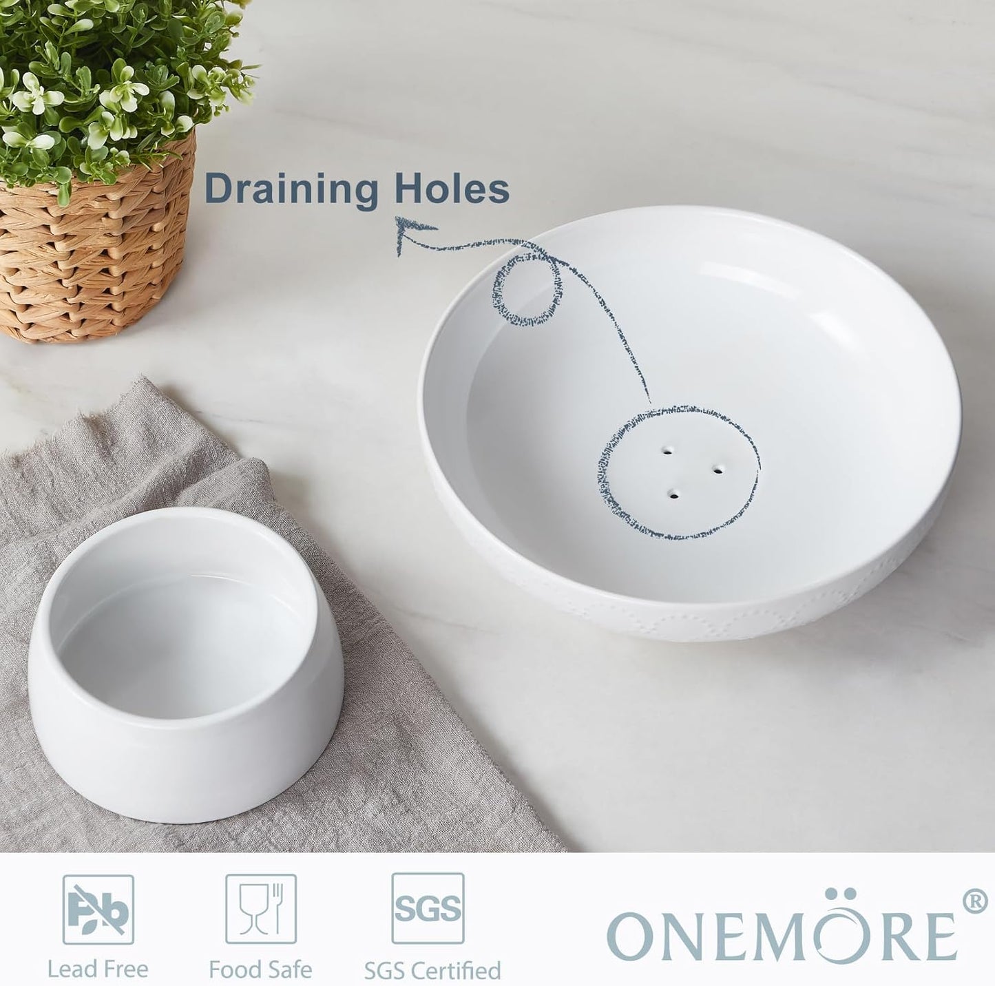 ONEMORE Ceramic Fruit Bowl, 10" Large White Removable Pedestal Bowl for Kitchen Counter, Modern Footed Fruit Bowl with Draining Holes, Decorative Fruit Bowls for Vegetables, Snacks, Candies