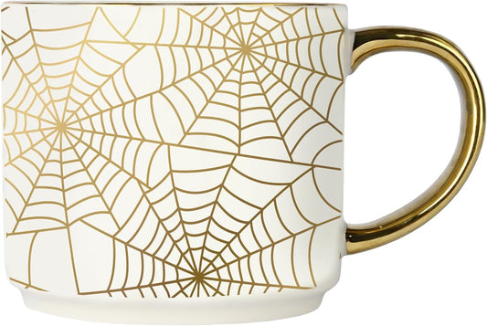 Sweet Water Decor Gold Spiderwebs Mug, 14oz Fine Bone China Coffee Cup with Gold Handle, Cute Halloween Decorations for Home, Spider Web Mug Fall Seasonal Decor, Spooky Season Gifts for Women