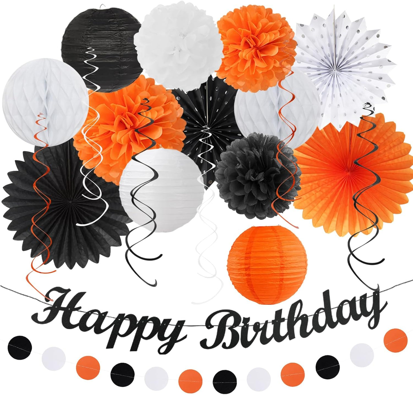Black-White Orange Halloween Birthday Party-Decorations - 21pcs Happy Banner,Paper Lanterns Honeycomb,Tissue Pom Poms Flower Fan,Kids Classroom Hanging Streamers Garland Decor Supplies Huglony