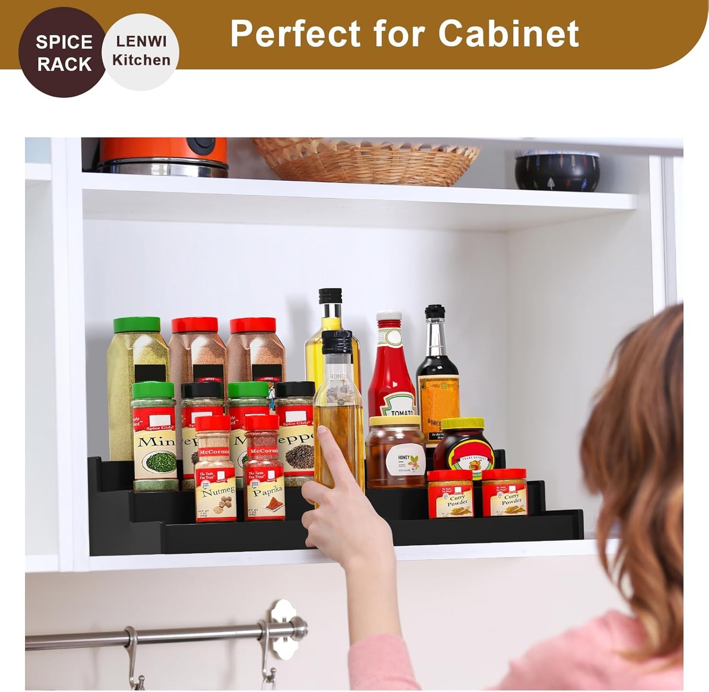 Spice Rack Organizer for Cabinet, 3 Tier Expandable Bamboo Spice Storage, Great for Kitchen Cabinet, Cupboard,Pantry and More(Black)