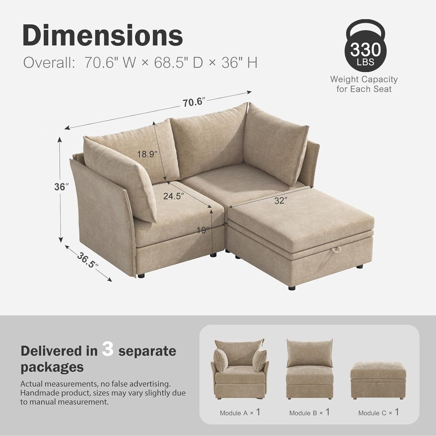 Luxury Modular Sectional Sofa, L-Shaped 3-Seat Couch with Storage Ottoman Deep Seat & Reversible Chaise Lounge Chenille Beige for Compact Spaces, Apartments, Dorm