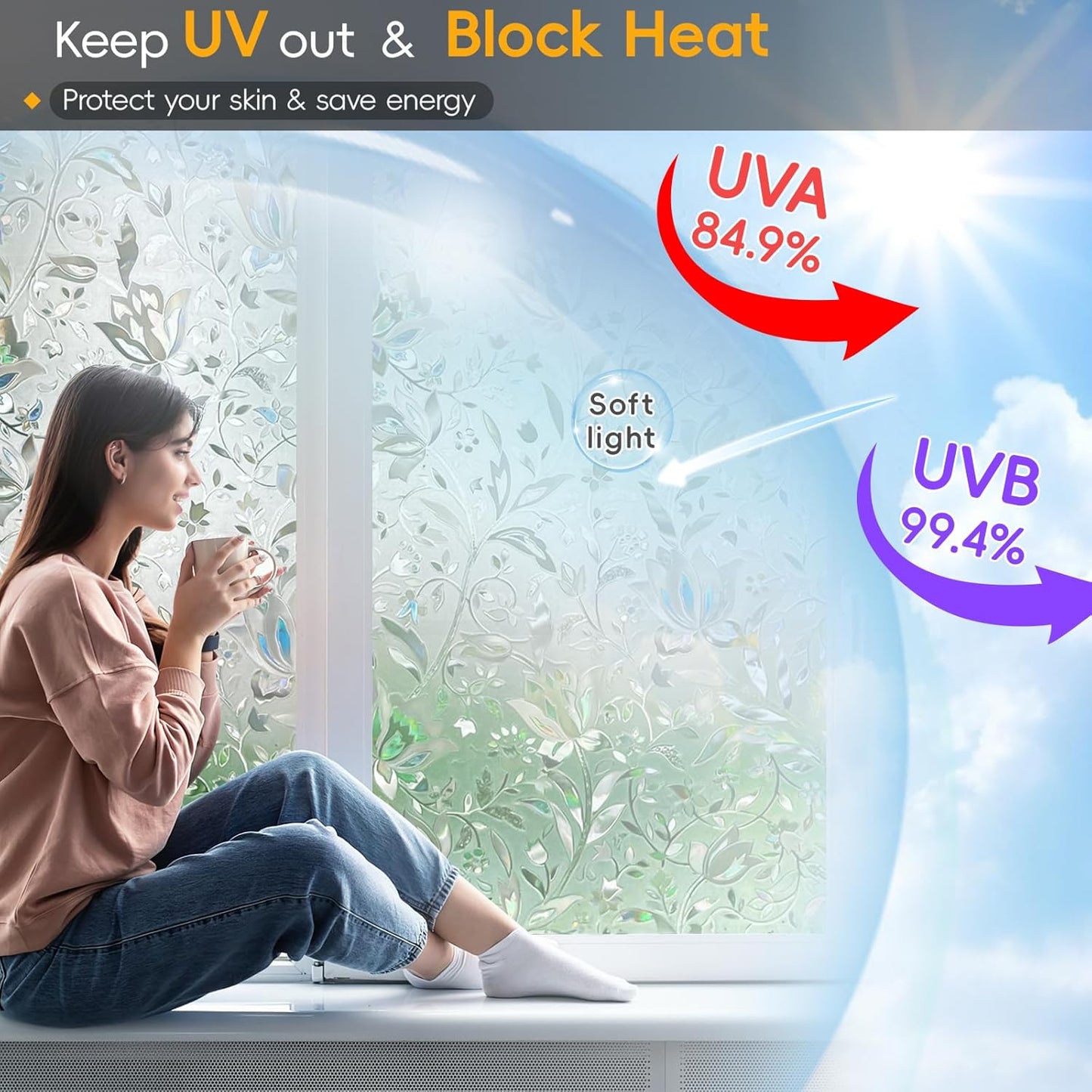 Rainbow Window Privacy Film Decorative, Stained Glass Window Tint for Home, 3D Decals Window Clings for Glass Windows, Static Cling Window Sticker, Suncatcher Window Cover,29.5" by 78.74"