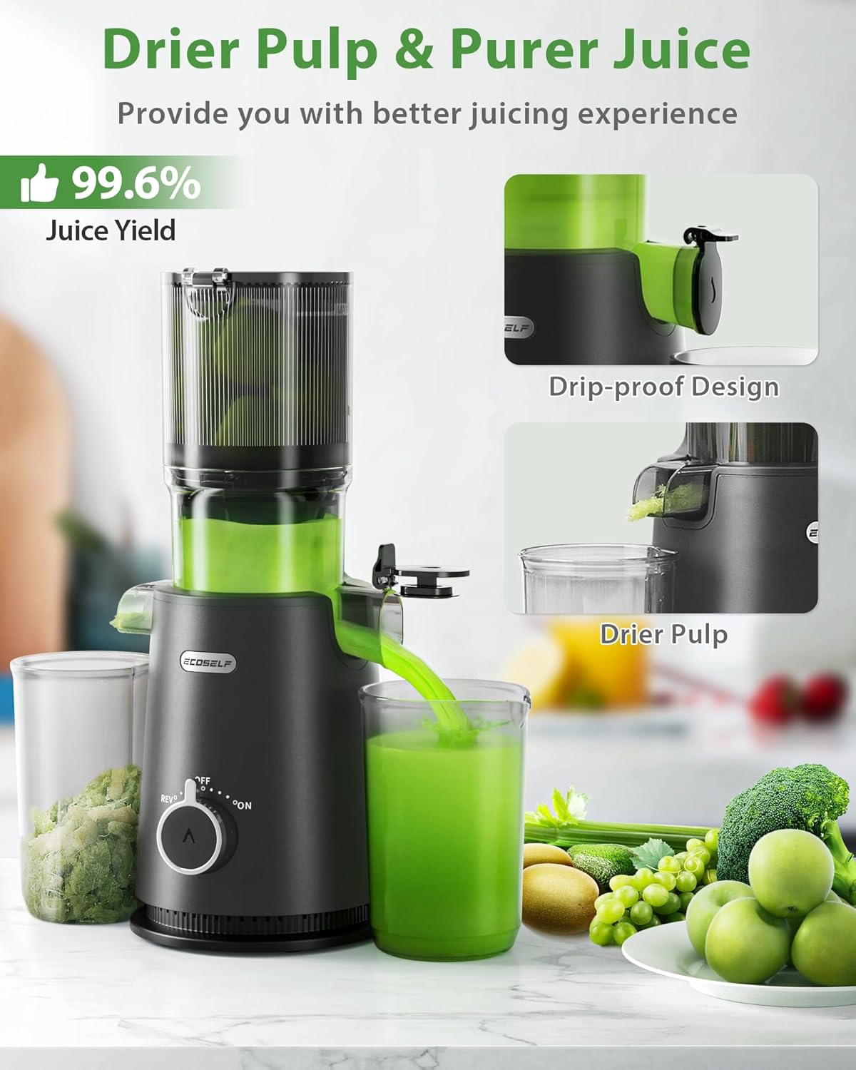 Juicer Machines with Wide Mouth & Large Feed Chute, Professional Cold Press Juicer For Whole Fruits & Vegetables, Self Feeding for Juice Extractor Machine, Easy to Clean, High Juice Yield