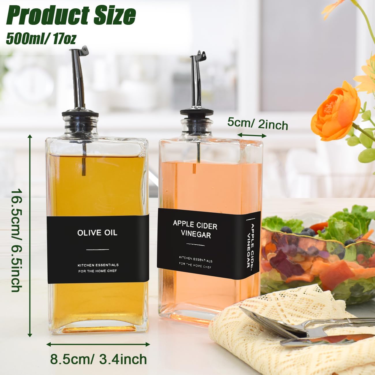Olive Oil Dispenser Bottle for Kitchen,17 oz Oil and Vinegar Dispenser Set, Cooking Oil Dispenser, Glass Container, Coffee Syrup Bottles