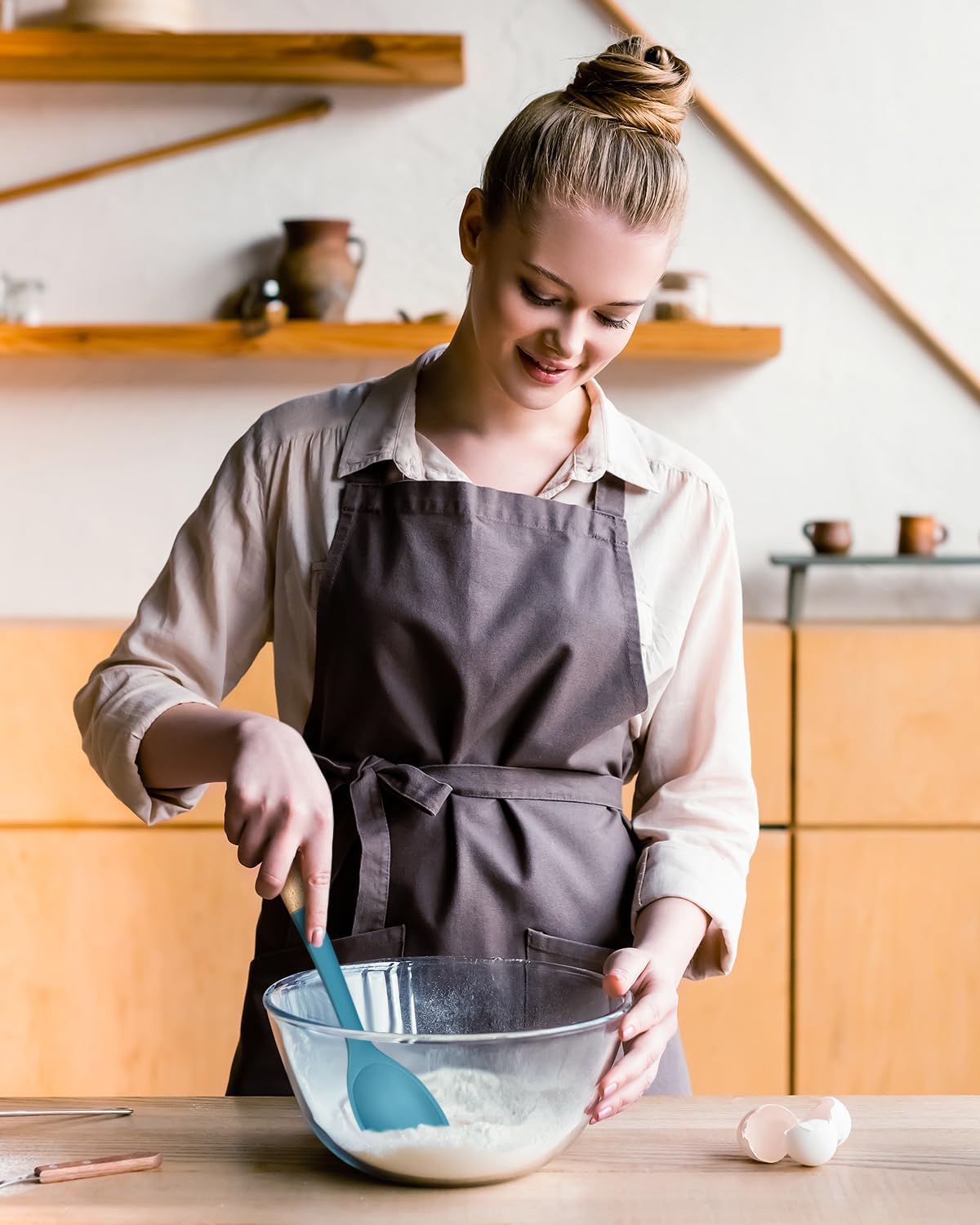 Silicone Cooking Spoons, Great for Scooping Sides and Serving Hearty Stews, BPA-Free Matte Silicone, Wooden Handle Serving Spoon for Nonstick Cooking Surfaces (Blue)