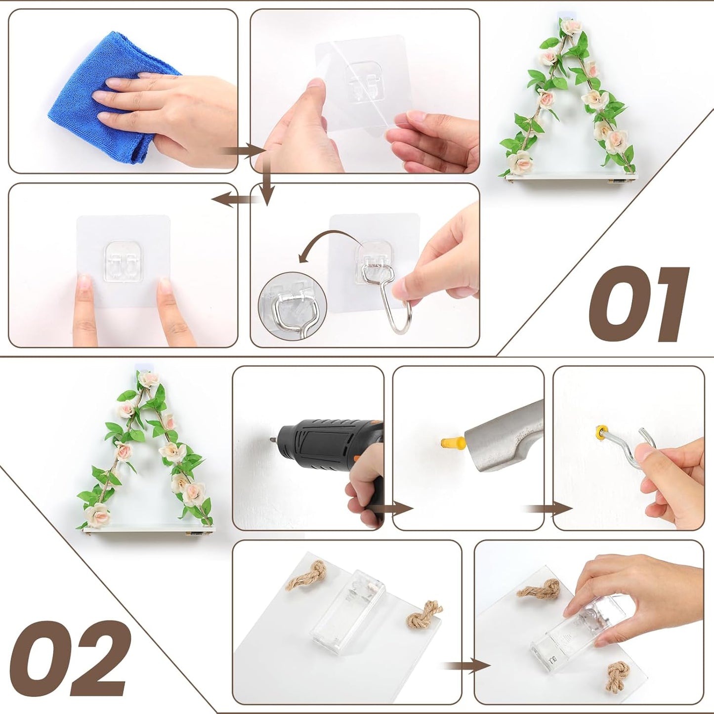 Floating Shelves for Wall,Plant Wall Decor,Hanging Shelf,Cottage Core Decor,Room Decor Aesthetic,Boho Room,Adhesive Shelves,Floating Shelves for No Drilling,Two-Piece Set(Champagne Flower)