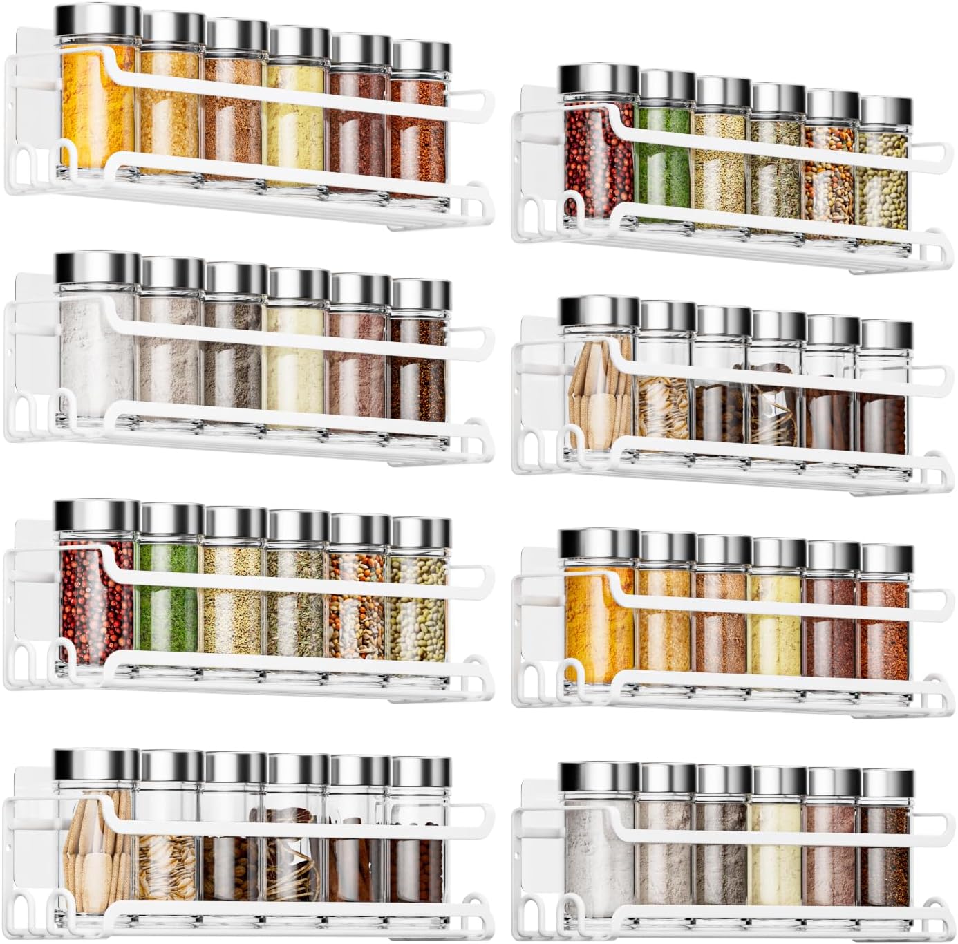LUCYCAZ 8 Pack Wall Mounted Spice Rack with 16 Hooks, Spice Organizer Shelf for Stove Cabinet Pantry Door,Screw or Adhesive Spice Shelf Hanging Wall Spice Rack in Kitchen and RV (White, 8 PACK)