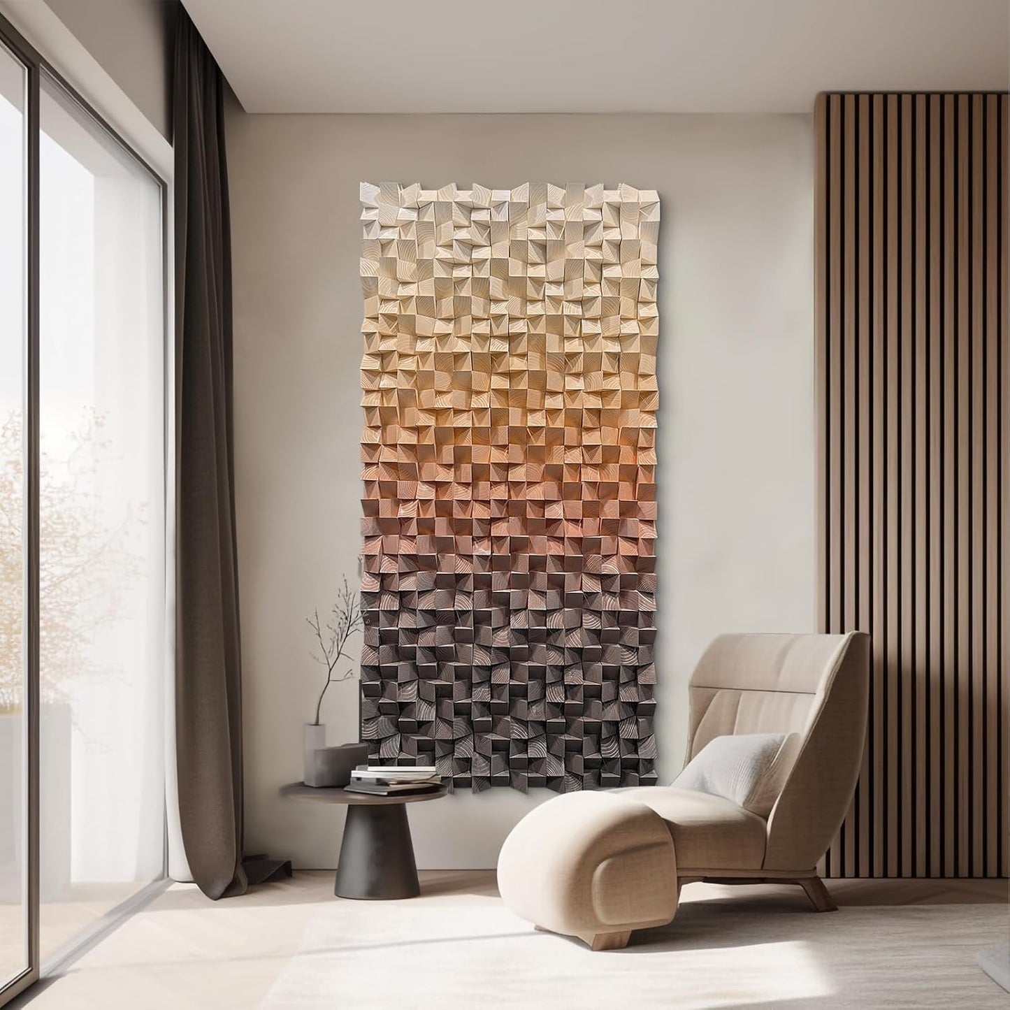 LIUZEYUE - 3D wooden block painting gradient coffee white art background wall wooden block abstract geometric wall decoration living room/bedroom/office modern minimalist style decoration 31.5"x63"