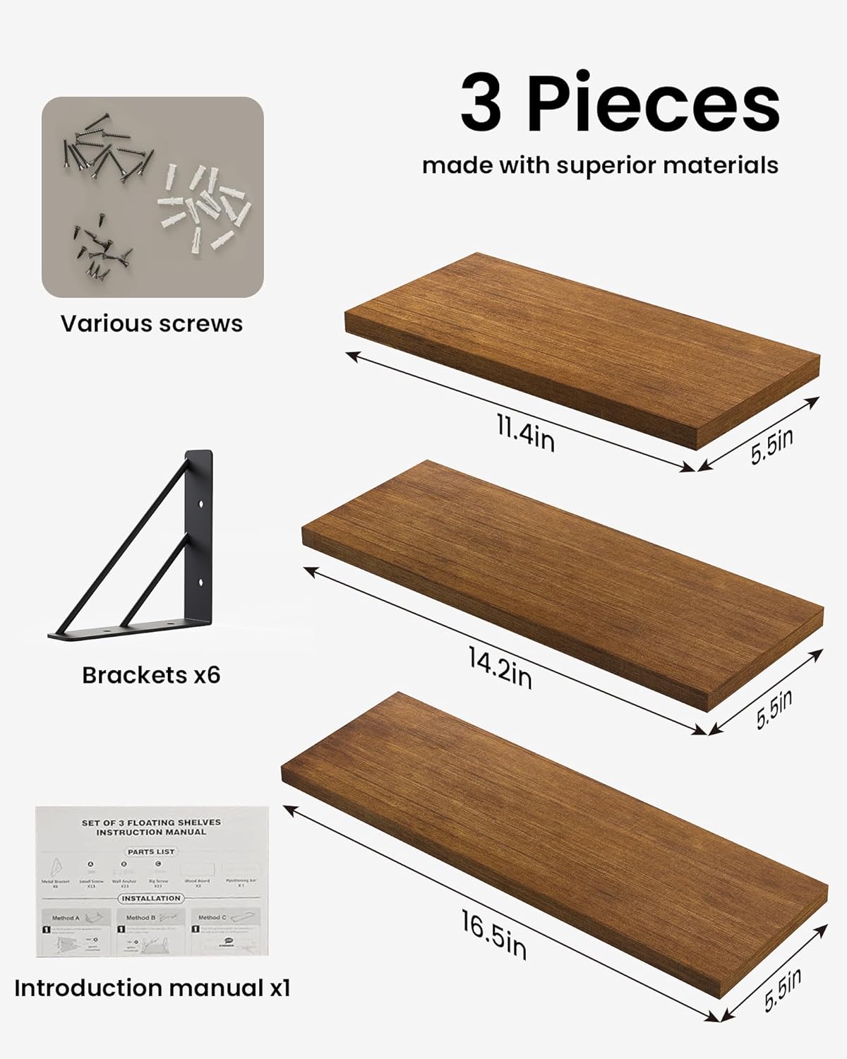 BAYKA Floating Shelves for Wall, Book Shelf for Bedroom, Wall Decor Shelves for Living Room Kitchen, Mounted Wood Floating Shelf for Home Decor, Corner Shelf for Bathroom, Office(Set of 3)