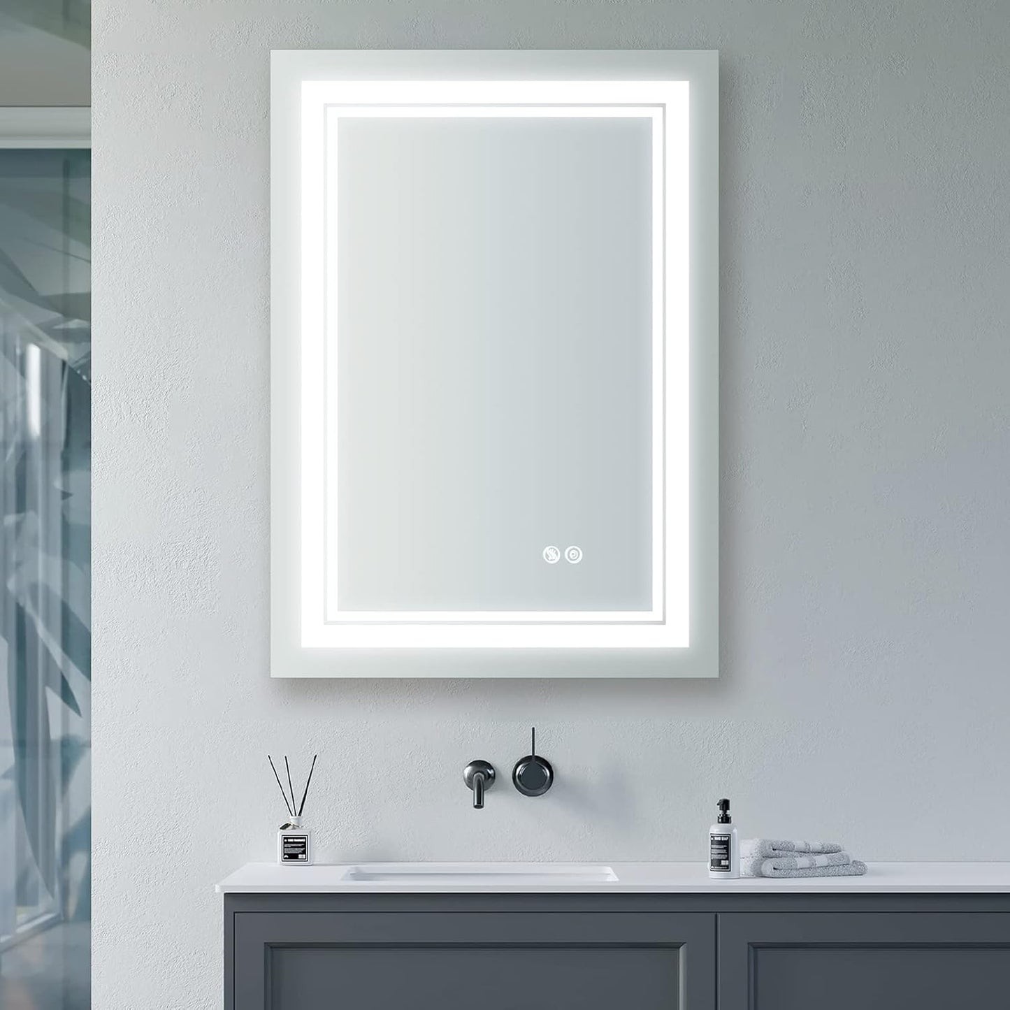 WELLFOR LED Bathroom Vanity Mirror 24 x 32 Inch, Lighted Anti-Fog Dimmable Mirror, IP44 Waterproof Wall Mounted Makeup Mirror, Packed with US Standard Plug and Touch Switch, (Horizontal/Vertical)