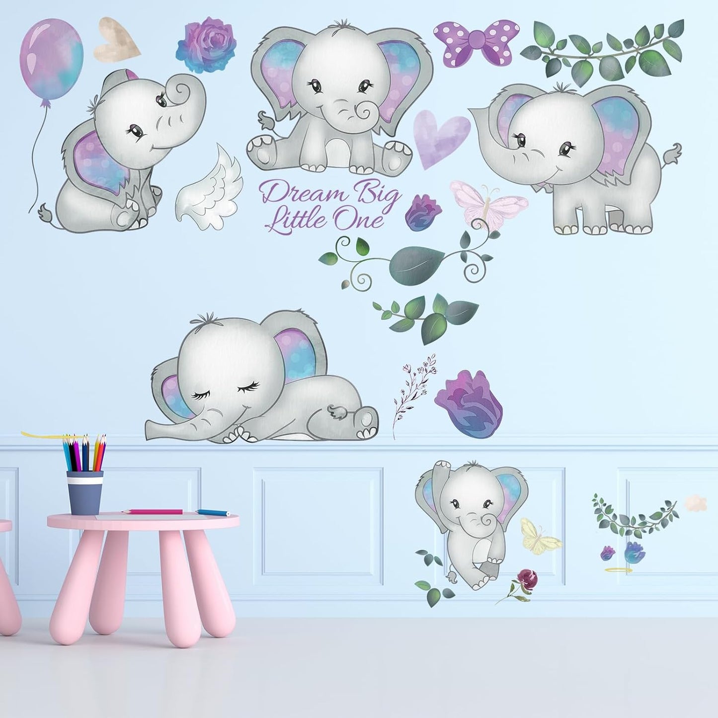 Wall Decals Stickers Dream Big Little One Elephant Wall Stickers Wall Murals Peel and Stick Removable Purple Rose Elephant Wall Decor for Baby Shower Room Nursery Boys Girls Bedroom Playroom Classroom