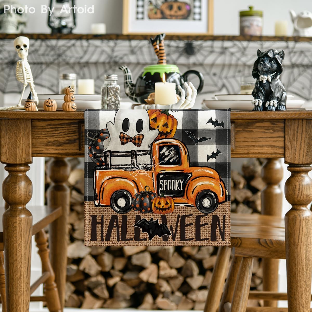 Artoid Mode Buffalo Plaid Bat Pumpkin Ghost Truck Spooky Halloween Table Runner, Sensonal Kitchen Dining Table Decoration for Home Party Decor 13x120 Inch