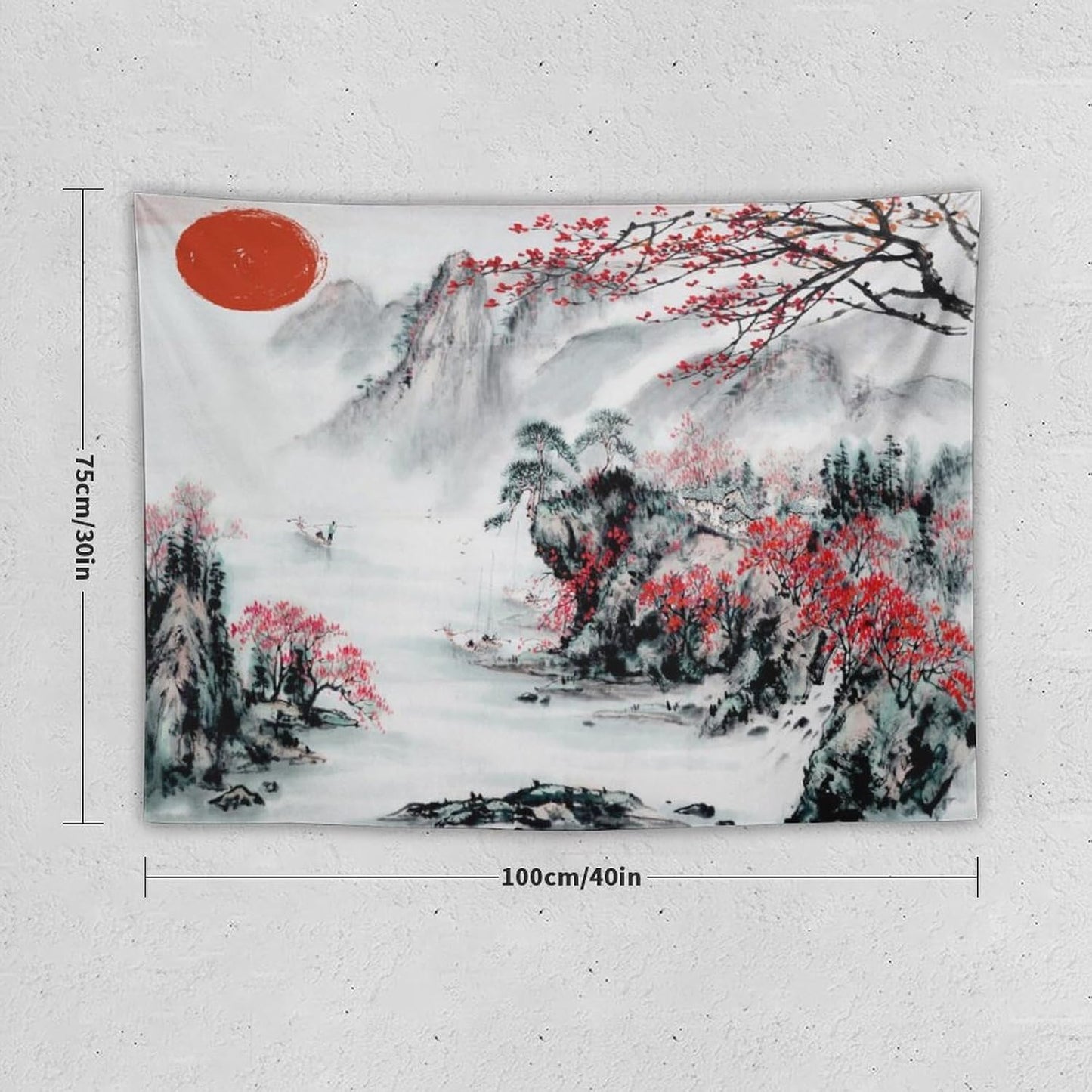 Cherry Blossoms Tapestry, Japanese Red Landscape Asian Watercolor Abstract Art, Bedroom Living Room Decor 40"x30"