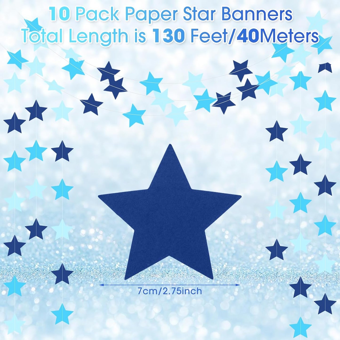 Patelai Glitter Star Garland Banner Decor 130 Feet Star Hanging Bunting Banner Twinkle Backdrop for Homecoming Classroom Wedding Birthday Halloween Christmas Party Supplies(Ocean Blue)