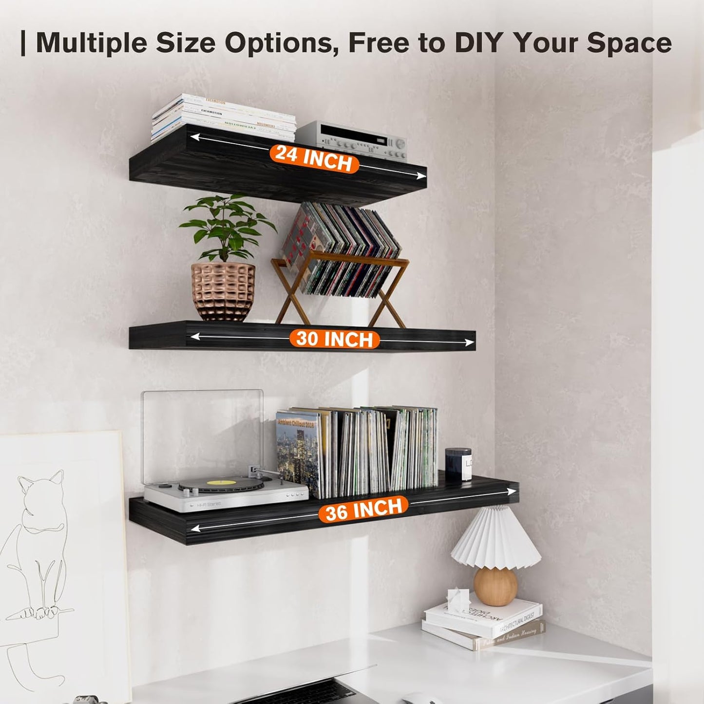 Large Floating Shelves for Wall Set of 1 Wooden Wall Shelves 30 in x 12.75 in x 2 in Room Decor Long Shelf with Invisible Wall Mount Bracket for Bedroom Kitchen Living Room Black Wood