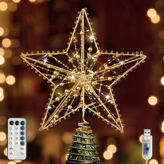Christmas Tree Topper Star, 50 Warm LED Lights Star Tree Toppper with Glittered Pearl Beads for Christmas Tree Decorations and Xmas Holiday Seasonal Decor, Gold