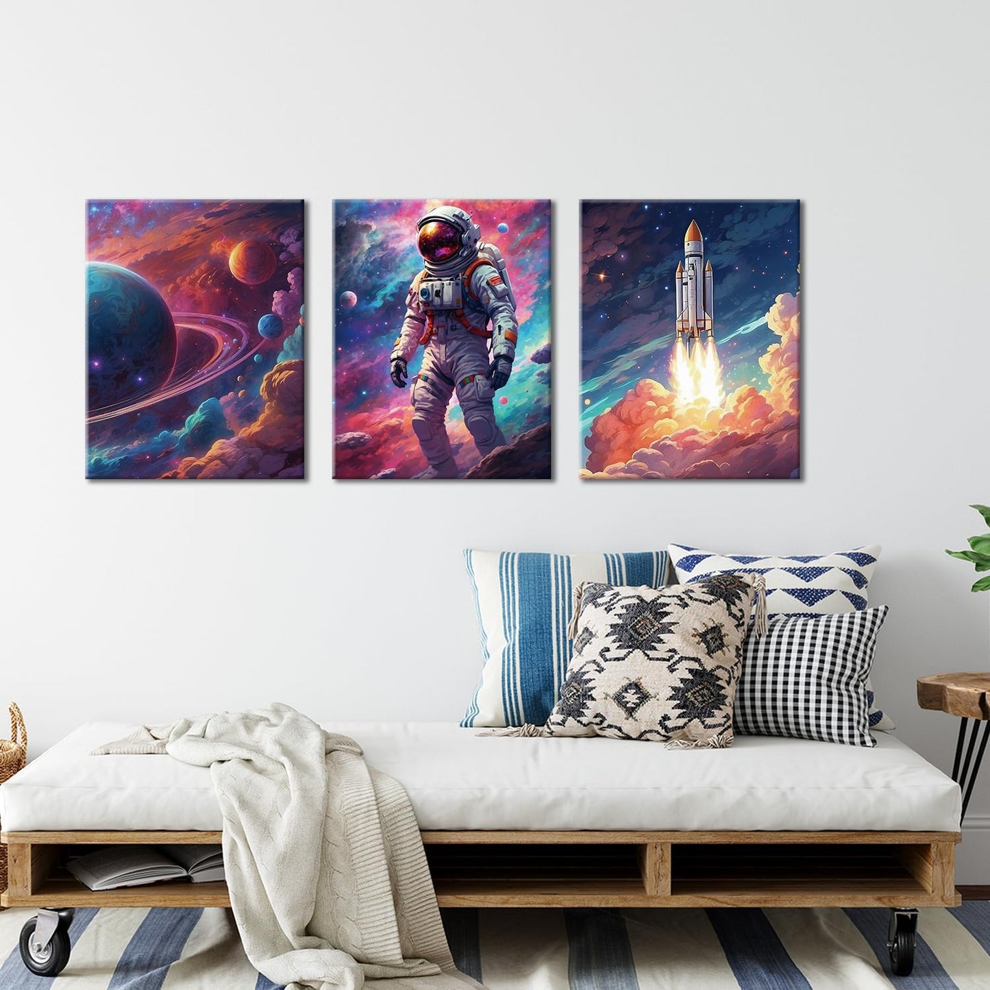 Outer Space Art Wall Decor Astronaut Spaceman Planets Spaceship Canvas Prints Posters Framed Artwork Space Room Boys Bedroom Playroom Nursery Home Space Decorations, 3 Panels