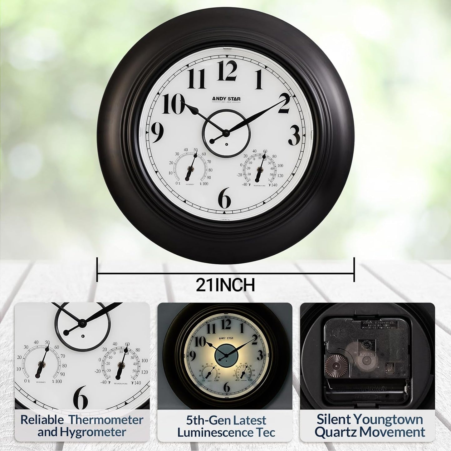 Andy Star 21 Inch Large Illuminated Outdoor Wall Clock Waterproof with Thermometer and Hygrometer, Oversized Battery Wall Clock for Patio Pool, Oil Rubbed Bronze Silent Non Ticking Clock for Garden