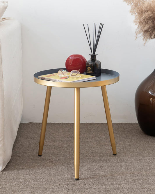 AOJEZOR Side Table: End Table for Indoor Use - Round Side Tables for Small Spaces - Grey Top 3 Legged Gold