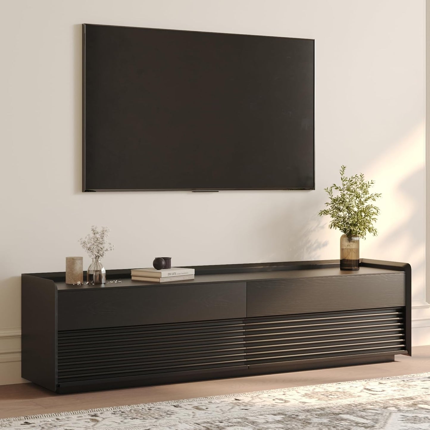 POVISON Fully-Assembled Mid Century Modern TV Stand, 70.87" Entertainment Center with LED Light, Black Walnut Solid Wood TV Console for Living Room, TV Stand with Storage