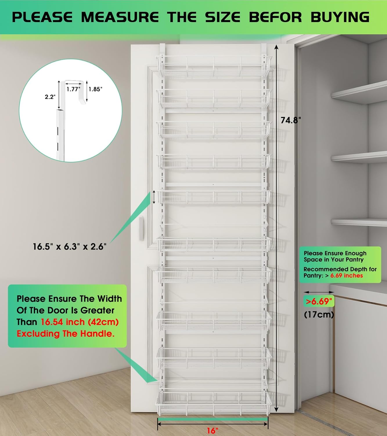 White 10-Tier Over The Door Pantry Organizer, Pantry Organization and Storage, Metal Hanging Adjustable Basket, Wall Spice Rack Seasoning Shelves, Home & Kitchen Essentials