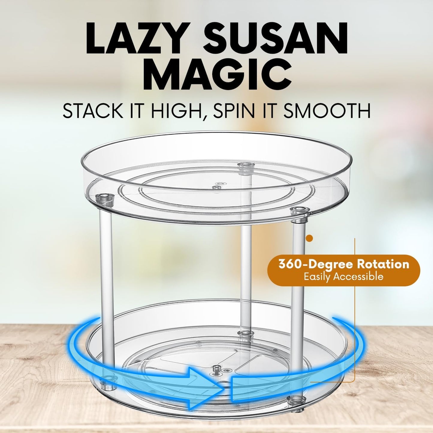 Clear Lazy Susan Organizer, Spice Rack Kitchen Cabinet Turntable, Pantry and Fridge Rotating Storage, Makeup Vanity for Skincare, Perfume, Cosmetic Dresser