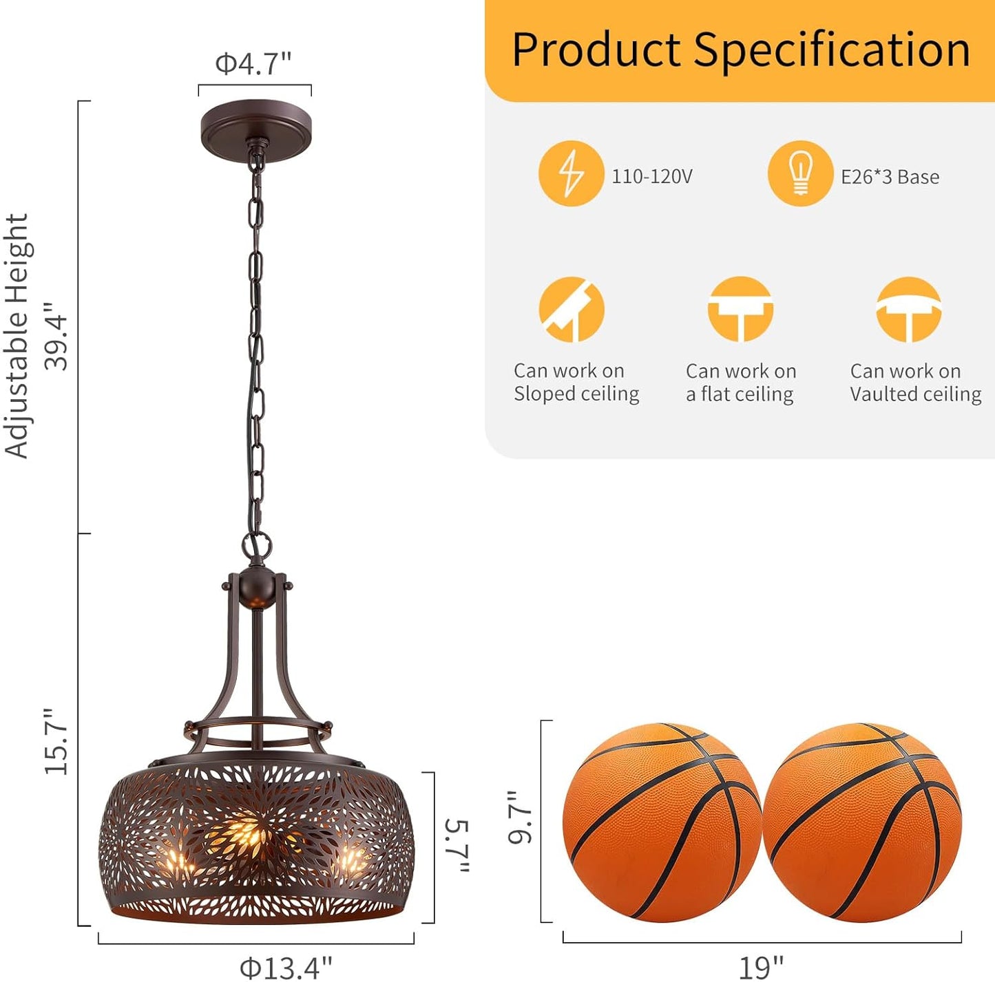 WUZUPS Chandelier Rustic Farmhouse Industrial Round Ceiling Pendant LED Light Fixture with Later-Cut Openwork Drum Shade, H 15.7" x W 13.4", Oil Rubbed Bronze