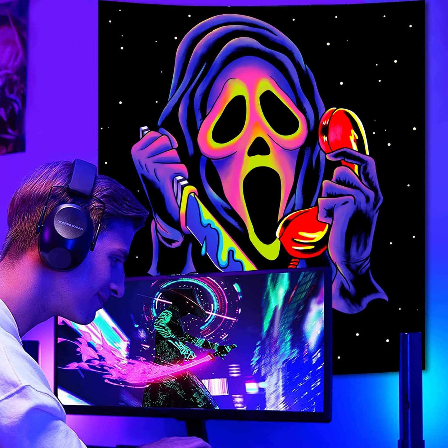SparkLia Blacklight Horror Skull Tapestry, UV Reactive Neon Scary Face Wall Hanging, Glow in the Dark Spooky Decor for Bedroom, Gaming Room & Party - 30 x 40 inches