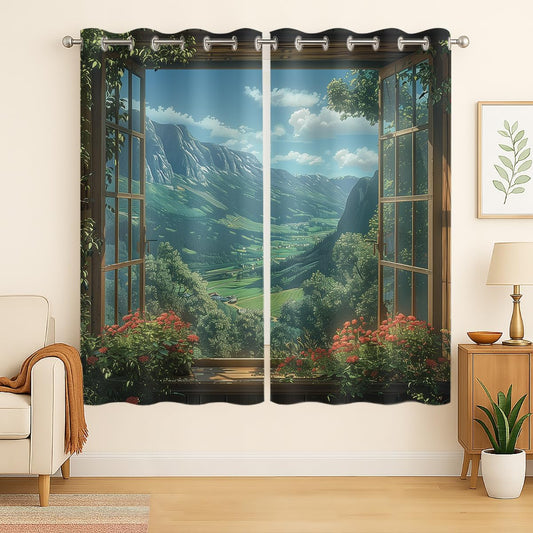 Mountain Blackout Curtains for Girls Boys Teens Home Decor, Spring Sky View Nature Forest Flower Grommet Thermal Insulated Drapes Darkening Window Curtain for Bedroom Living Room, 42 x 45 Inch