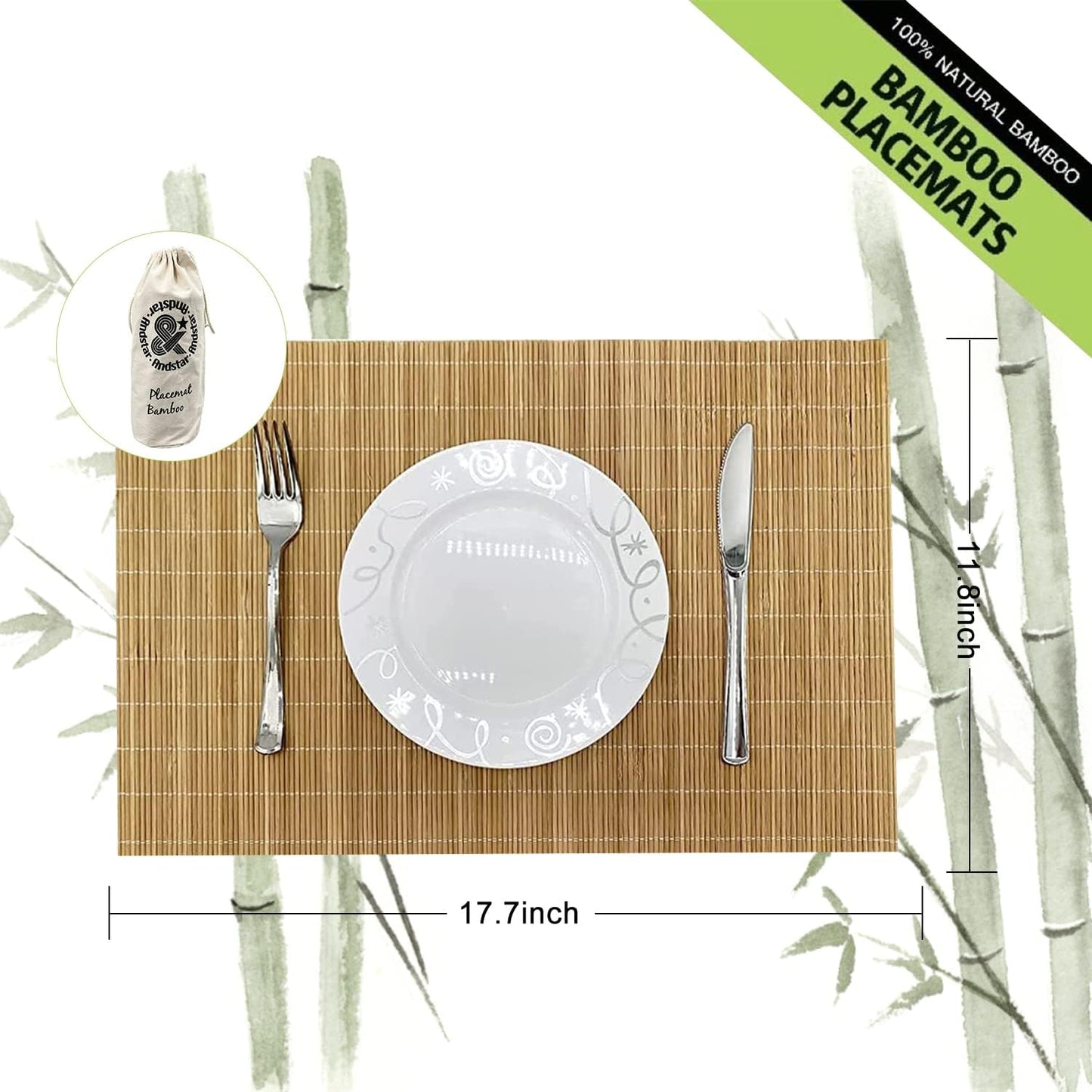 ANDSTAR Bamboo Placemats Set of 6 Non-Slip - 12x18 Inch Waterproof Table Mats for Dining, Eco-Friendly Reusable Dishwasher Safe Kitchen Decor, Thick Heat Resistant Home Accessories (Brown)