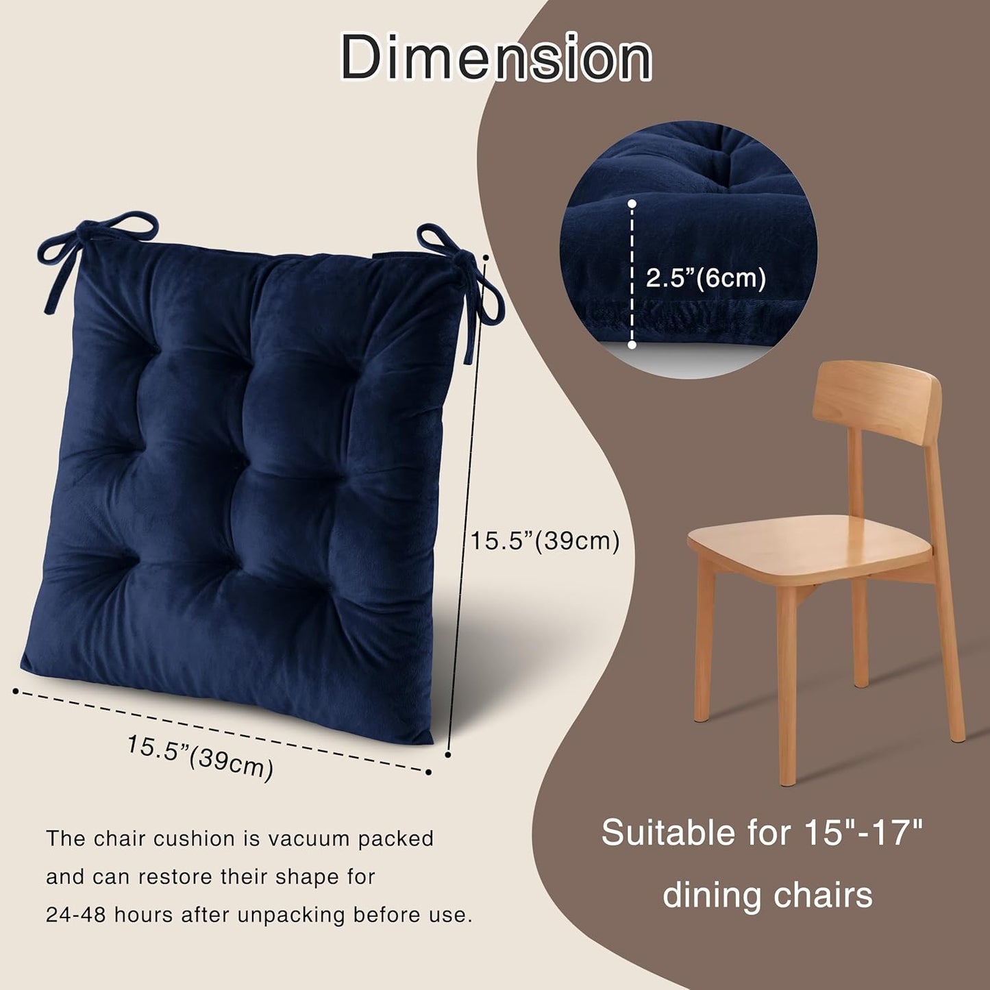 OVOV Chair Cushions for Dining Chairs Set of 6 Tufted Indoor Chair Pads with Ties Soft Square Seat Cushions for Kitchen Chairs 15.5"x15.5",Navy