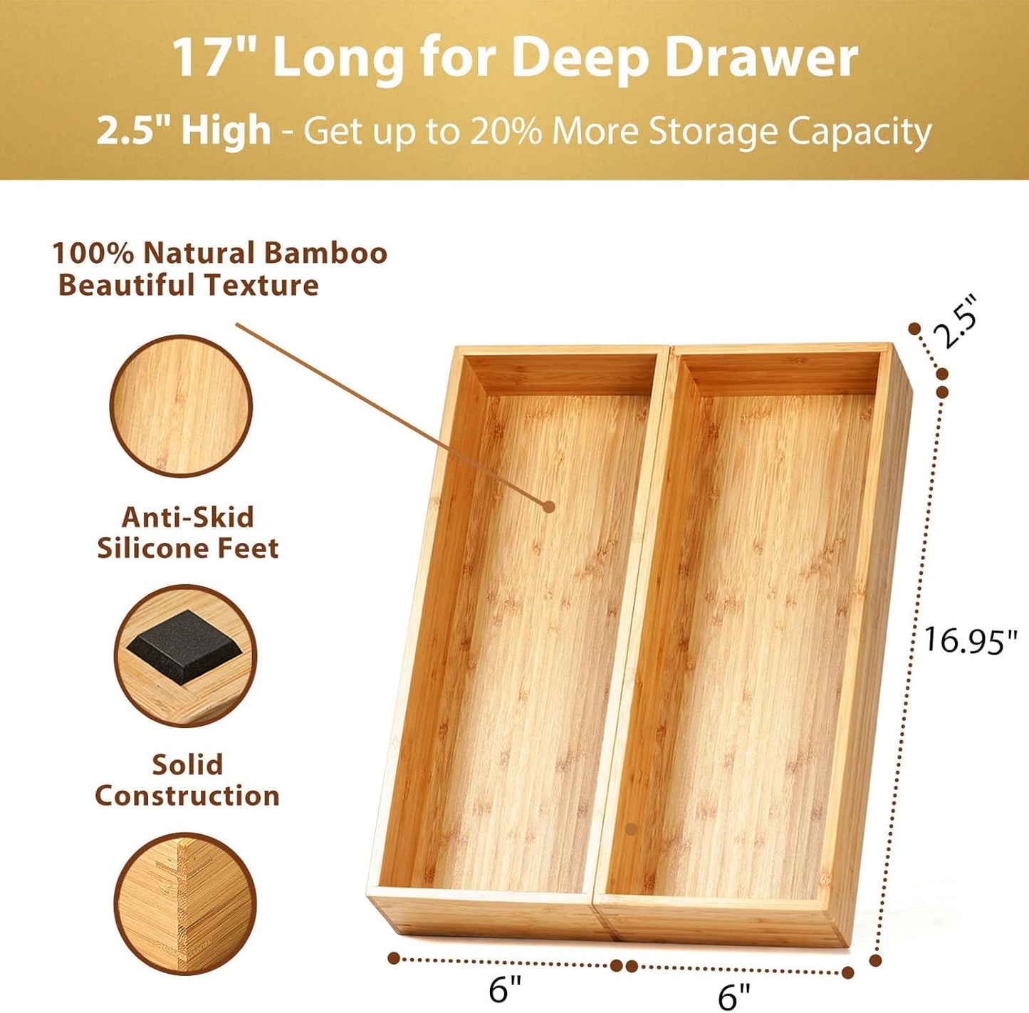 Umilife Bamboo Kitchen Utensils Organizer, Extra Long High Silverware Drawer Holder, Flatware Cutlery Storage Box, Multi-Use Drawer Divider in Office, Bathroom, Pantry - 17"x6"x2.5" (Set of 2)