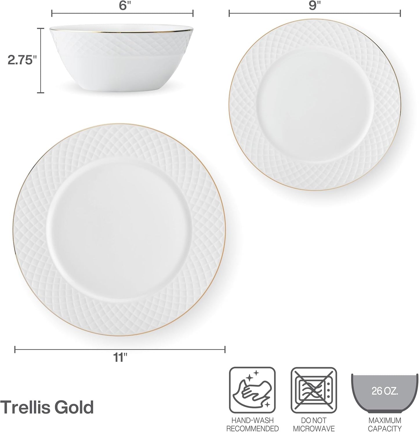 Mikasa Trellis Gold Rim Bone China Lightweight Chip Resistant 12 Piece Dinnerware Set, Service for 4