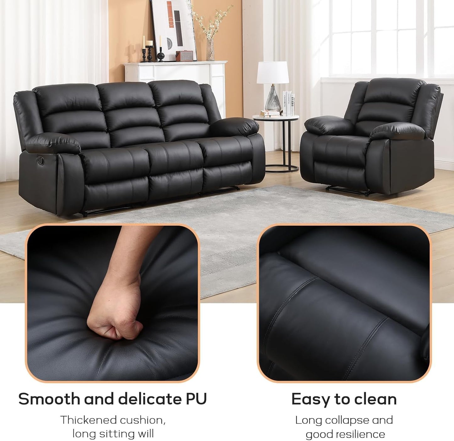 EBELLO Faux Leather Manual Recliner Sofa Set, 2 Recliner Chair, 3 Seat Reclining Sofa, Couch Set for Living Room, Bedroom, Meeting Room, Black (2Recliner+Sofa)