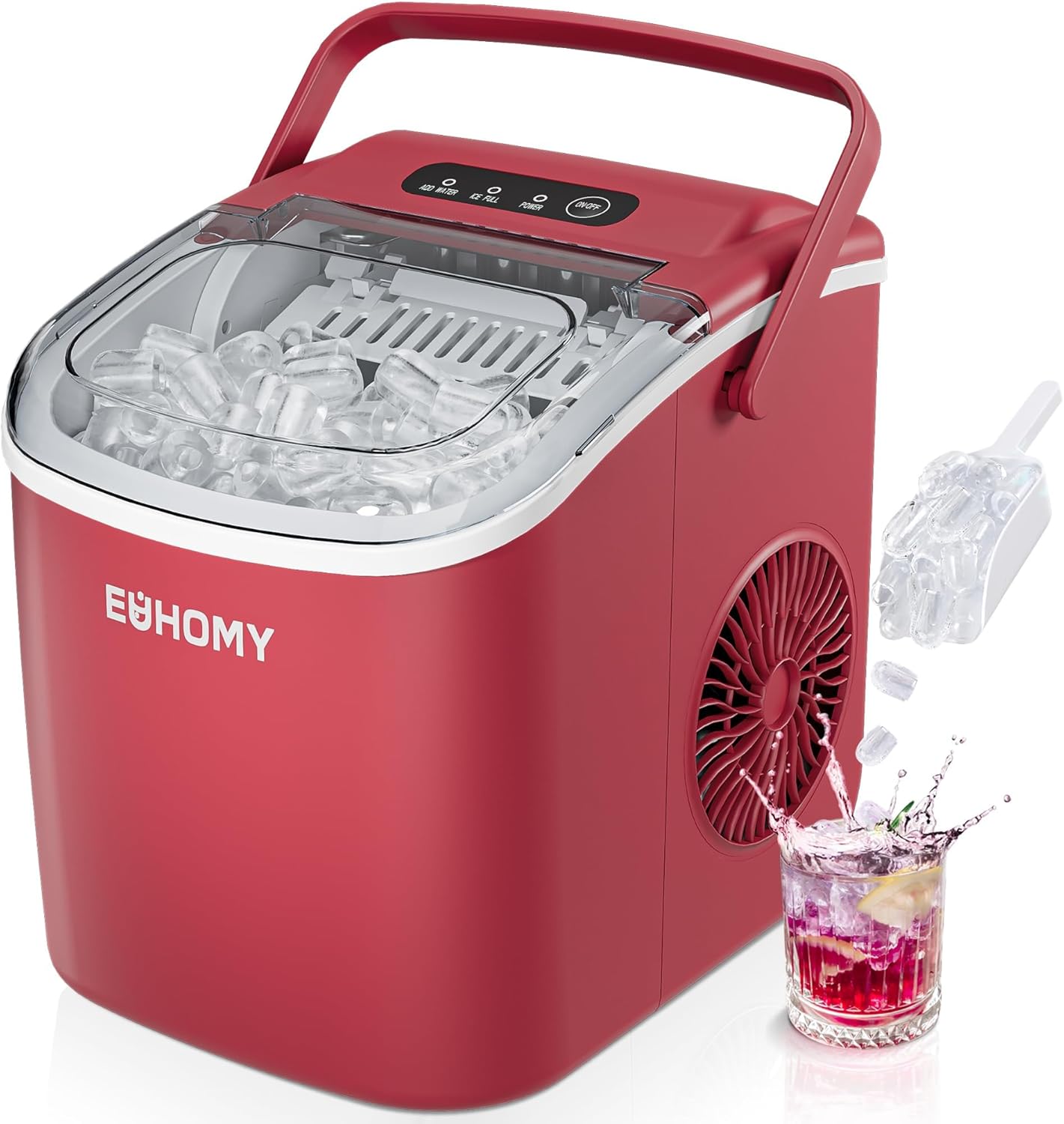 EUHOMY Countertop Ice Maker Machine with Handle, 26lbs Per Day, 9 Ice Cubes Ready in 6 Mins, Auto-Cleaning Portable Ice Maker with Basket and Scoop, for Home/Kitchen/Camping/RV (Red)