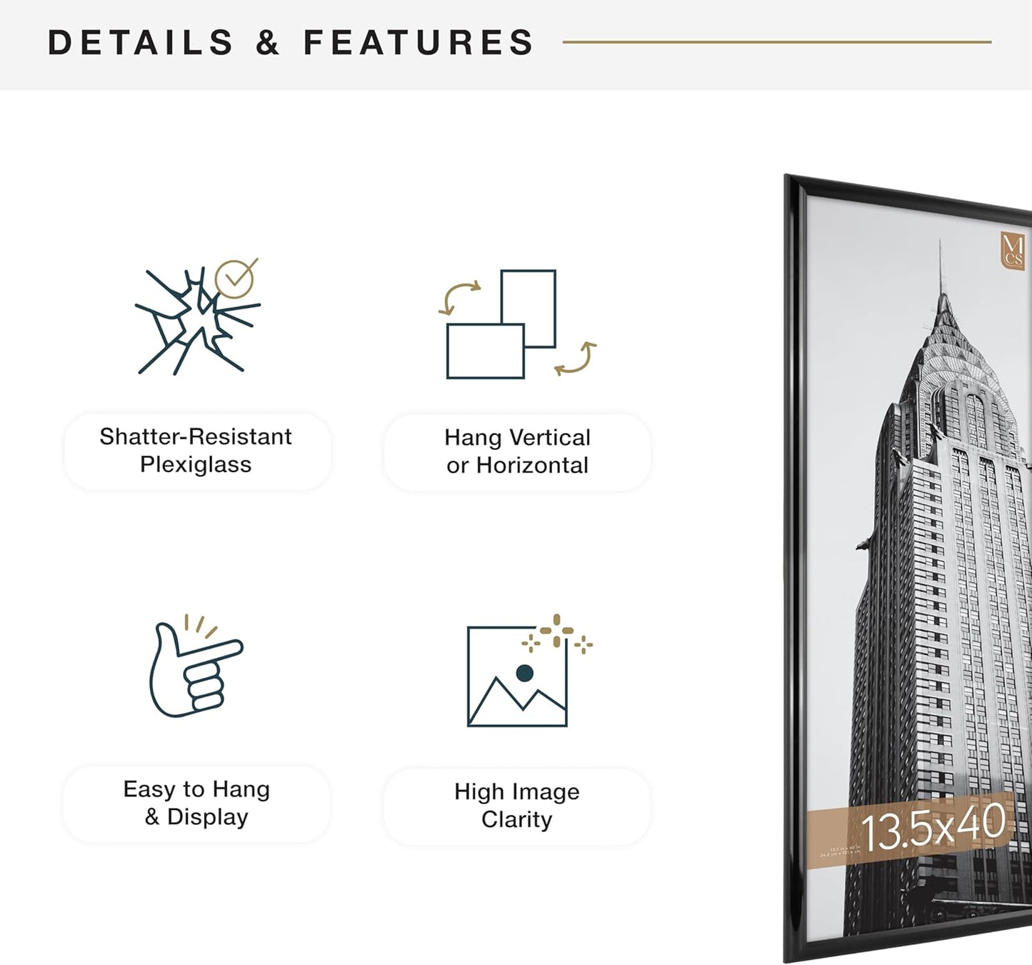 MCS Trendsetter 13.5x40 Poster Frame Black High-Gloss, Vertical & Horizontal Wall Hanging Large Picture Frame for Photos, Posters & Art Prints (1-Pack)