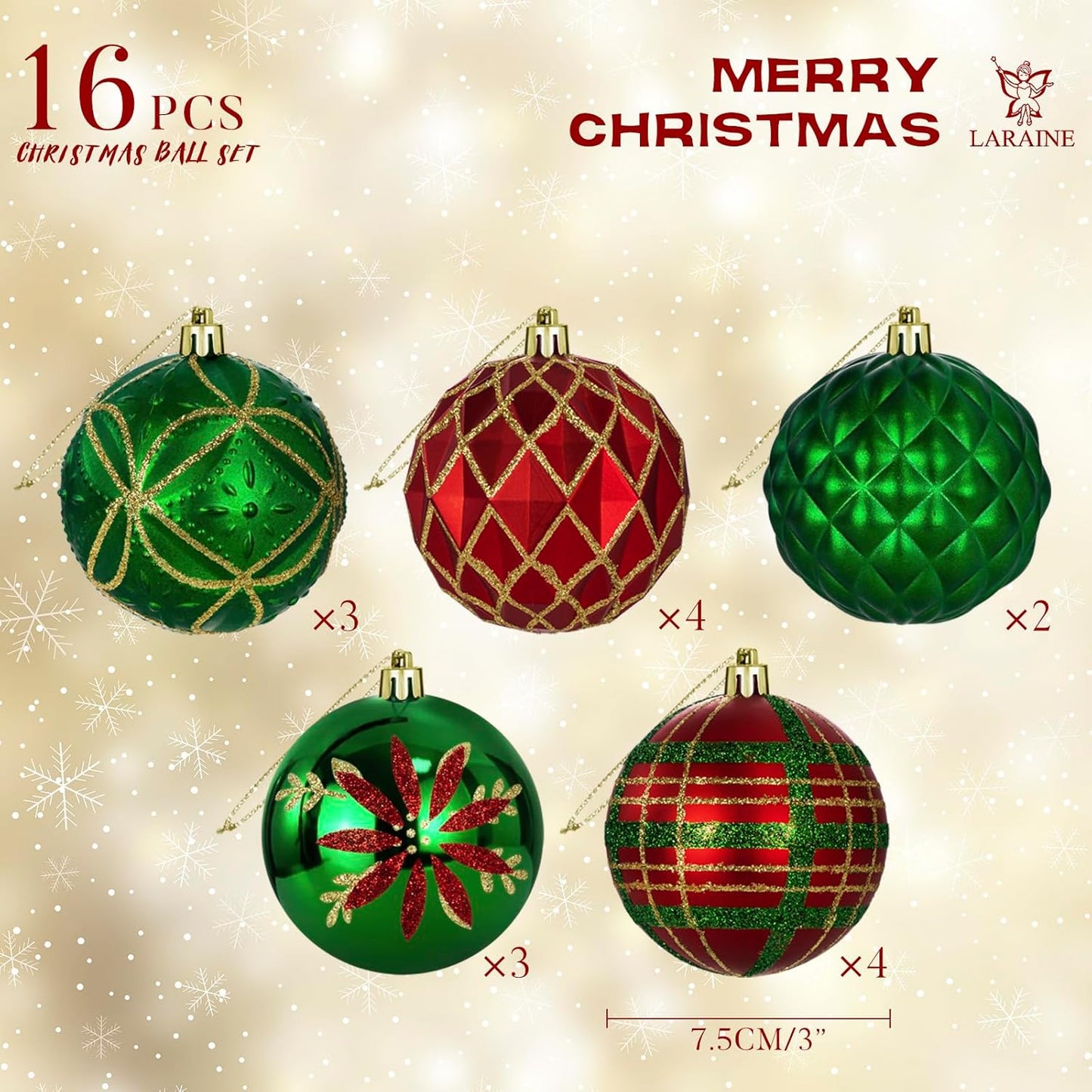 LARAINE Christmas Balls Ornaments 16 Pcs Decorations for Christmas Tree, Shatterproof Hanging Ball Variety Gift Set of Holiday Party Wedding Decoration (Green Red)