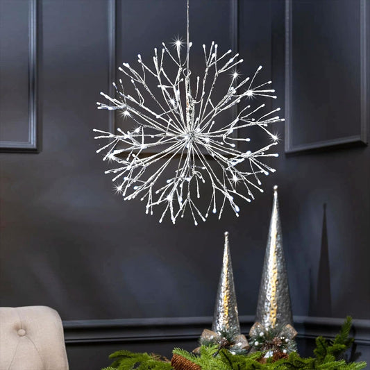 Christmas led Sparkle Ball Hanging Outdoor décorations -Haning Twig Ball,Snowflake Ornament Lights Indoor Outdoor Festive Holiday Décor 24Inch (Cool White)