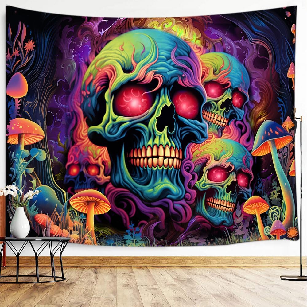 Xiaoput Skull Blacklight Wall Art, UV Reactive Skeleton Tapestry for Bedroom, Living Room, Dorm Decor 70x60IN