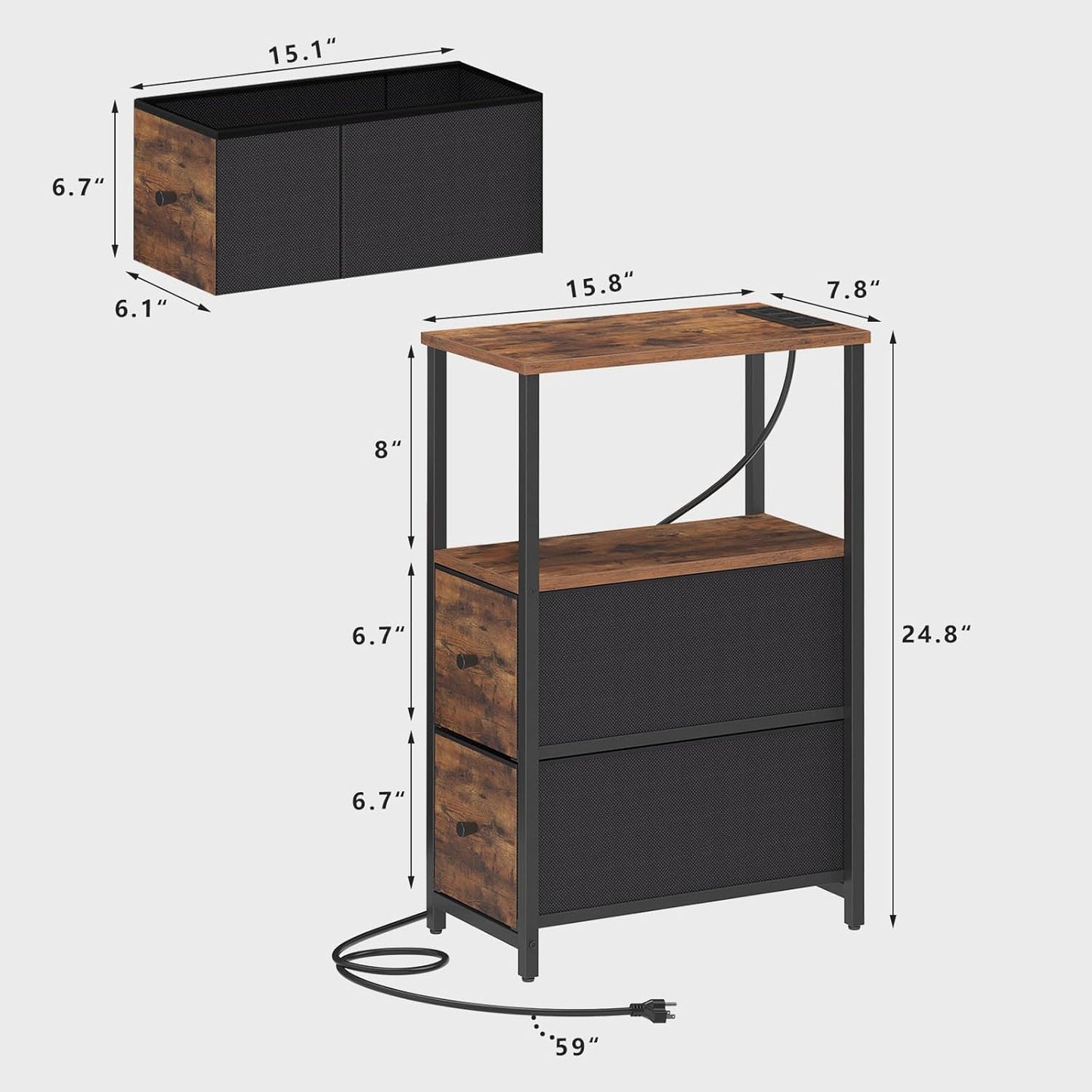 TUTOTAK Small Narrow End Table with Charging Station, Side Table with Outlets, Nightstand with 2 Cloth Drawers, Couch Table, for Living Room, Bedroom, Bedside, Brown TB01BB085