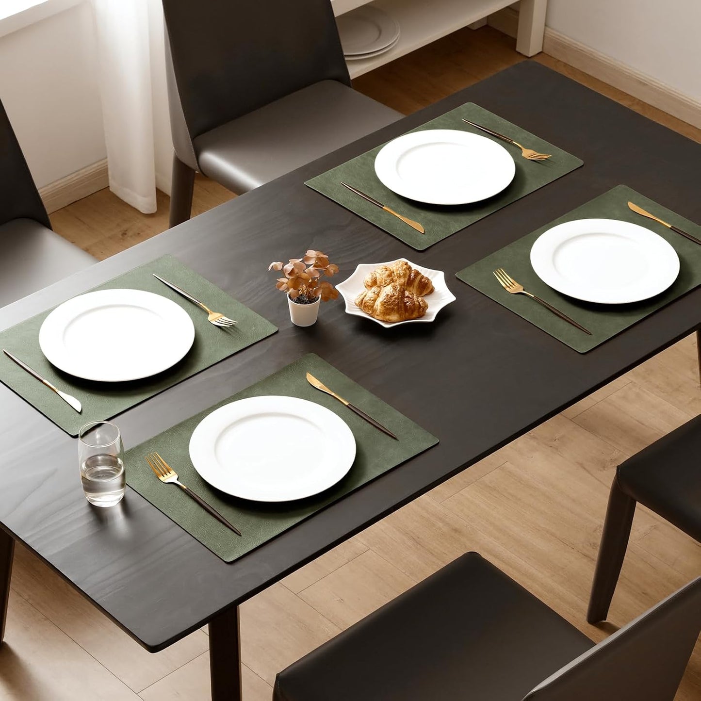 MOSAYT Vinyl Placemats Set of 6-12 X 17 Inch - Faux Leather 100% Waterproof Oil-Proof Wipeable PU Place Mats, Heat Resistant Reversible Table Mats for Kitchen, Dining, Outdoor (Olive Green)